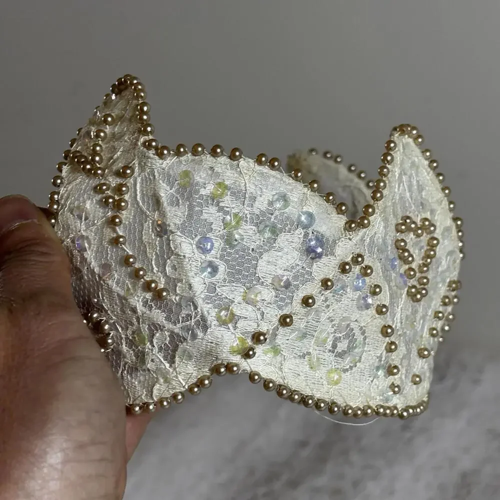 Vintage Bridal Lace Crown Tiara Gold Beaded Heart & Sequin Wedding Headpiece